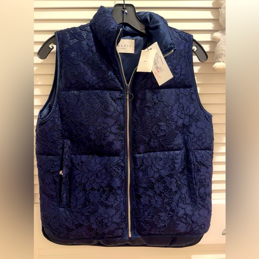 Sandro Lowna Lace Puffer Vest Navy Blue NWT Sz 2